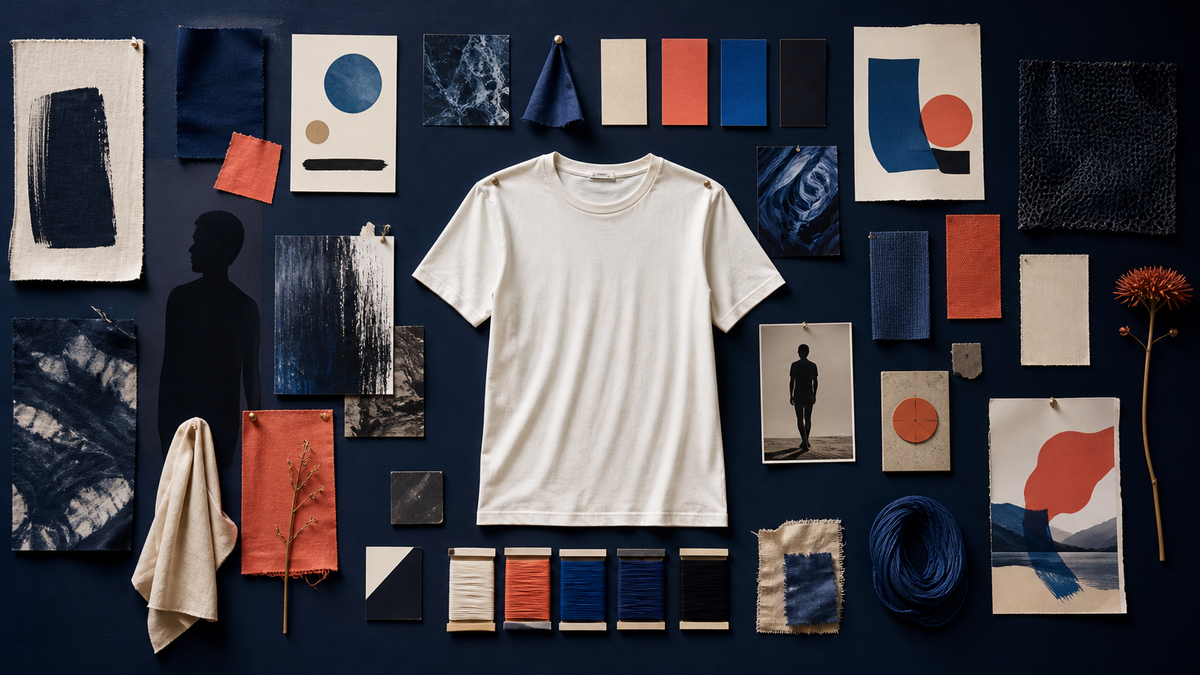 Personal style moodboard with a white graphic tee, outfit references, fabric swatches, and navy, cream, and rust color samples