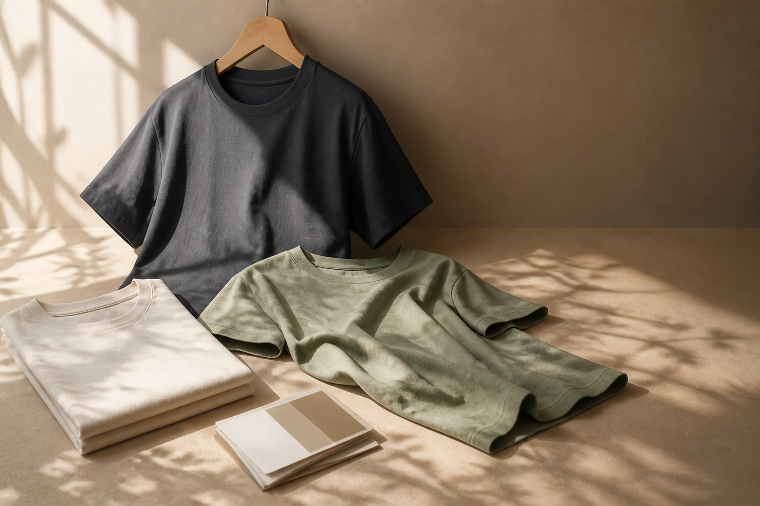 Editorial still life of blank cotton T-shirts in cream, sage, and charcoal tones